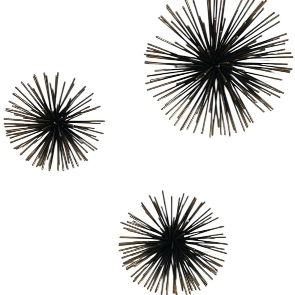 Set of 3 brass and Black Sea urchins wall decor mid-century, modern